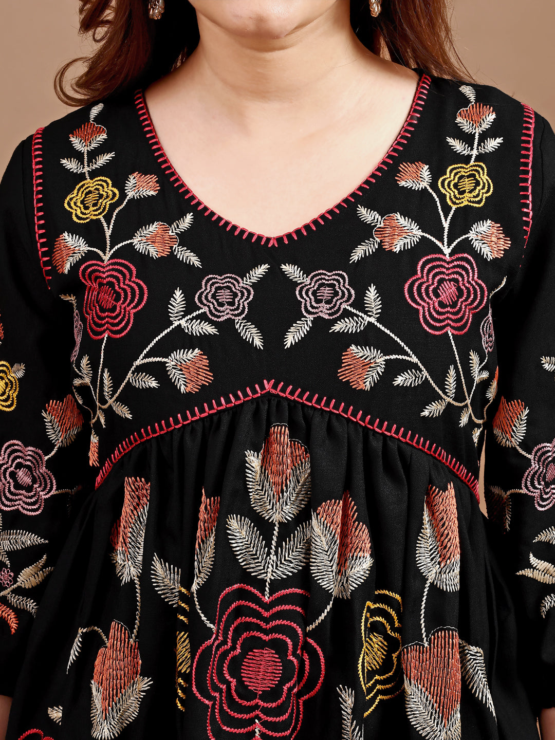 Black colour linen multi thread embroidery flared tunic with trouser coord set